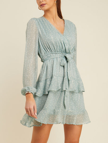 Robe courte à volants superposés imprimé pois - turquoise - 1