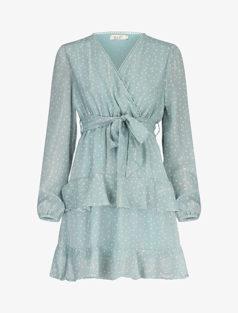 Robe courte à volants superposés imprimé pois - turquoise - 2