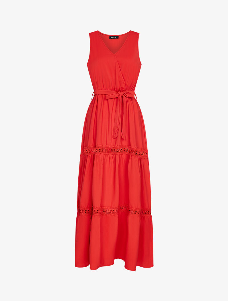 Robe à bandes ajourées en crochet - rouge - 1