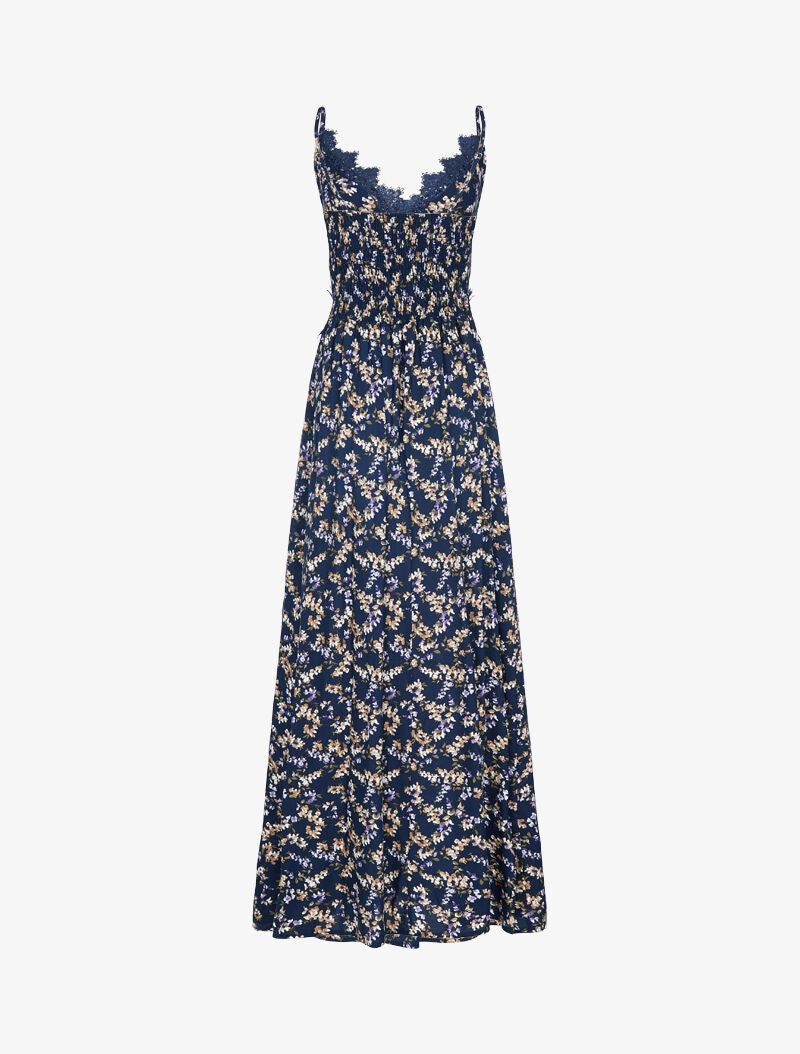 Robe fleurie à détails crochet - marine - 2