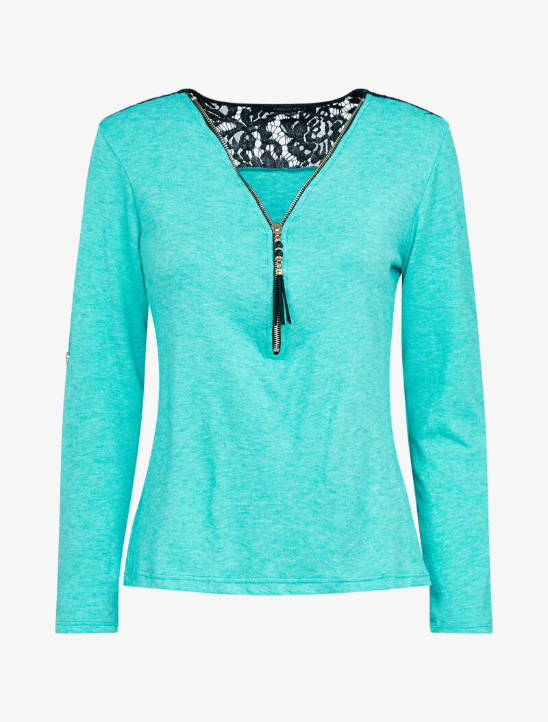 Pull fin à dos dentelle - turquoise - 2