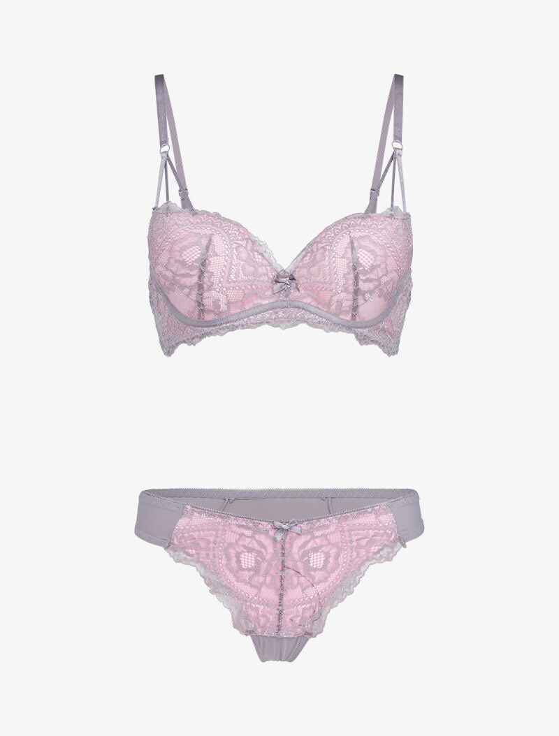 Ensemble en dentelle à bretelles stylisées - rose - 1