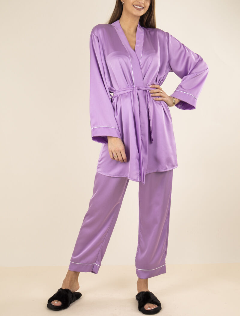 Ensemble peignoir et pantalon satinés - lilas - 1