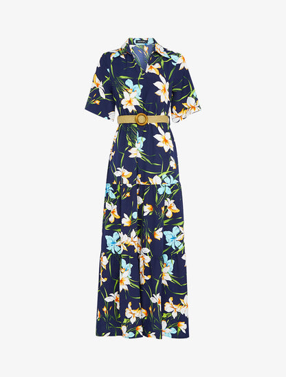Robe longue à basques imprimé grandes fleurs - marine - 1