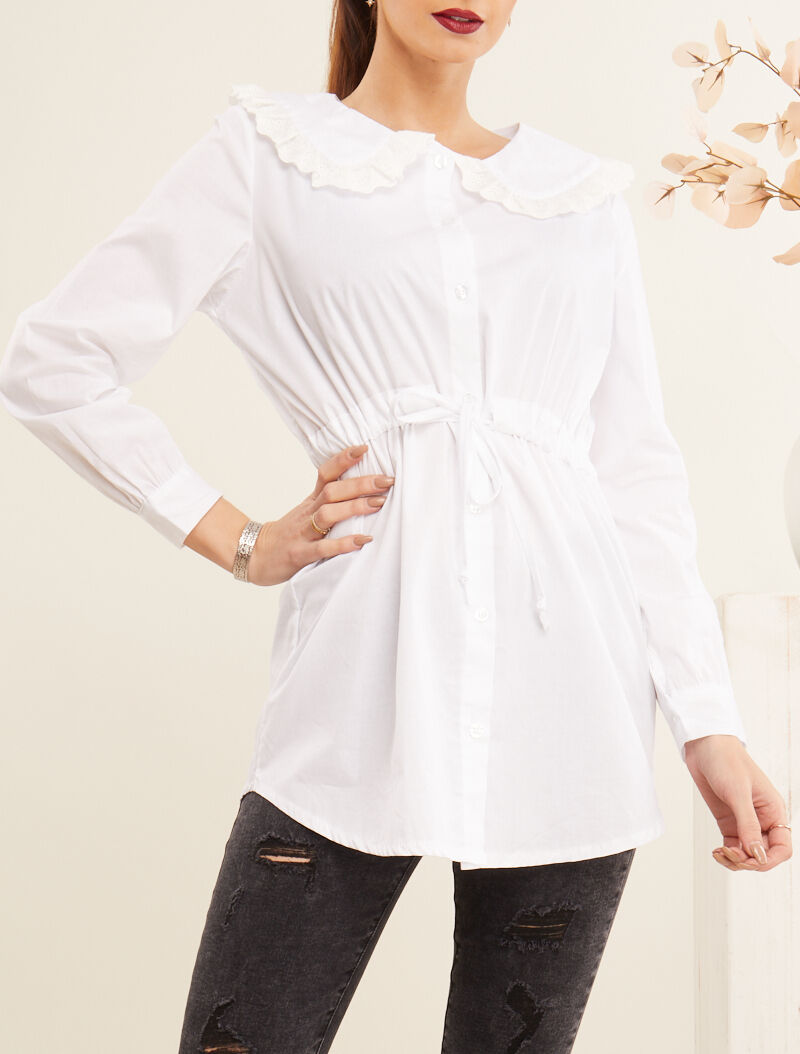 Tunique style chemise à cordon de serrage - blanc - 1