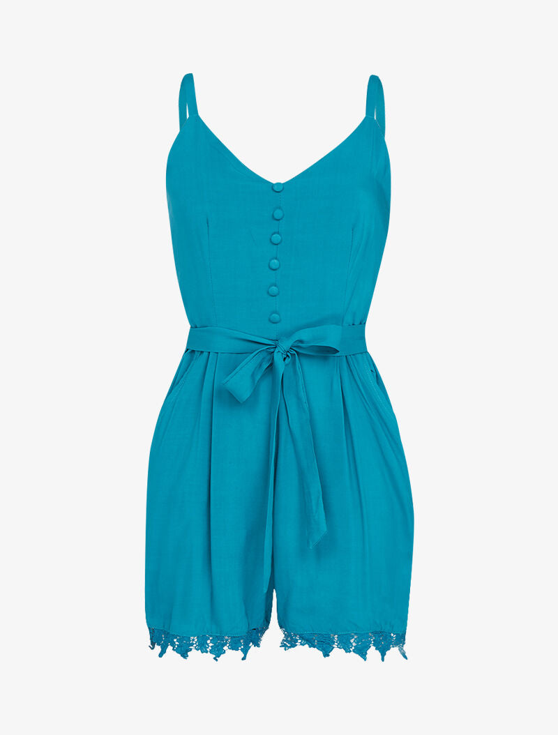 Combishort fluide en coton à bord dentelle - turquoise - 1