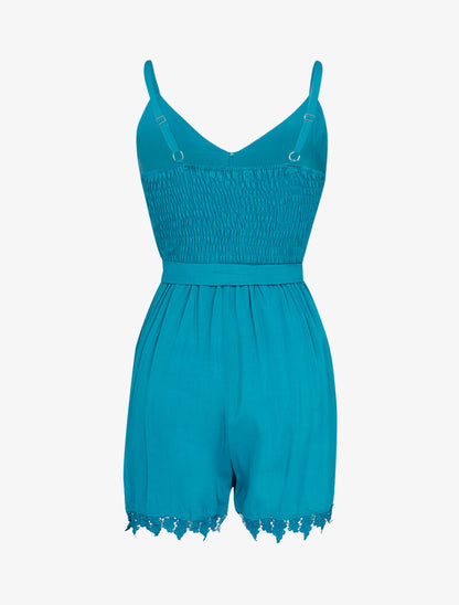 Combishort fluide en coton à bord dentelle - turquoise - 2