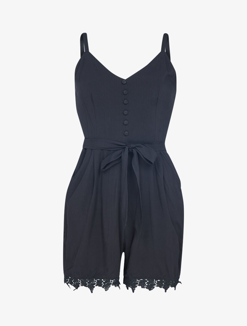 Combishort fluide en coton à bord dentelle - noir - 3
