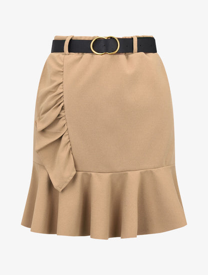 Jupe volantée avec ceinture simili - camel - 3