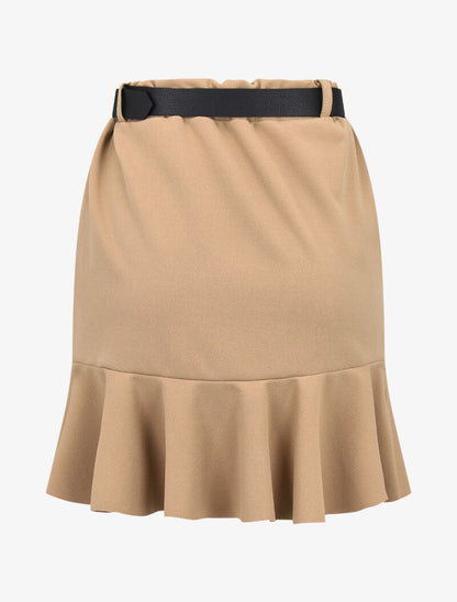 Jupe volantée avec ceinture simili - camel - 2