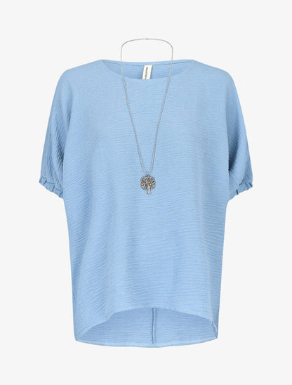 Top ample texturé avec sautoir - bleu ciel - 1