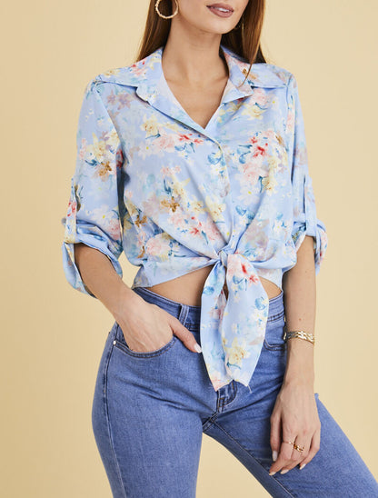 Chemisier à nouer imprimé floral - bleu clair - 1
