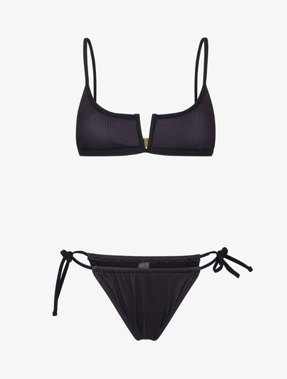 Bikini brassière côtelé à échancrure en V - noir - 1