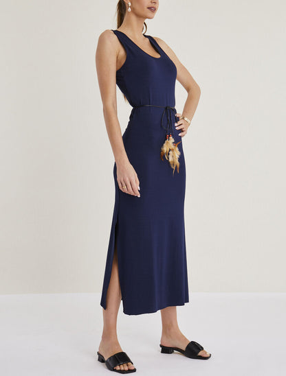 Robe débardeur longue à côtés ouverts - marine - 3