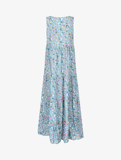 Robe longue coupe trapèze fleuri - bleu charrette - 2