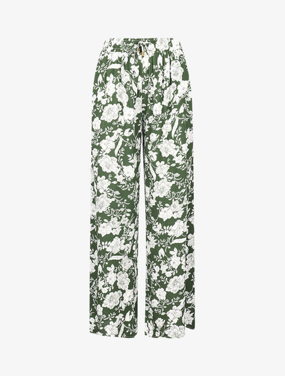 Pantalon fluide à imprimé fleurs contrastantes - vert - 1