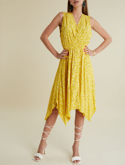 Robe fleurie à bas asymétrique - jaune - 1