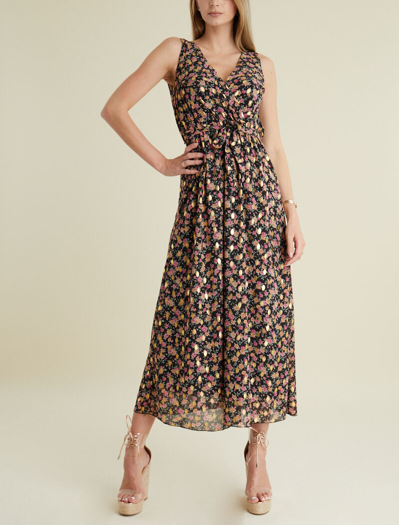 Robe longue à imprimés et flocages dorés - noir - 1