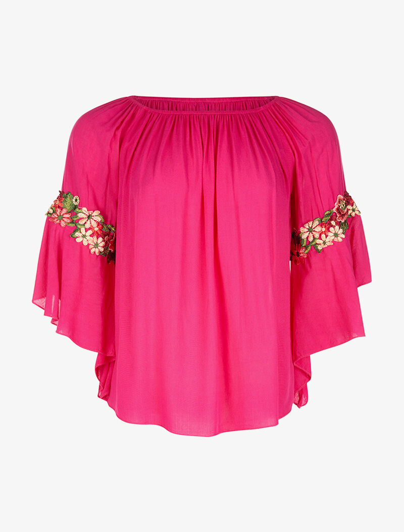 Blouse manches à fleurs brodées - fushia - 1