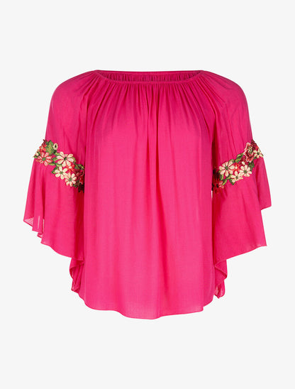 Blouse manches à fleurs brodées - fushia - 1