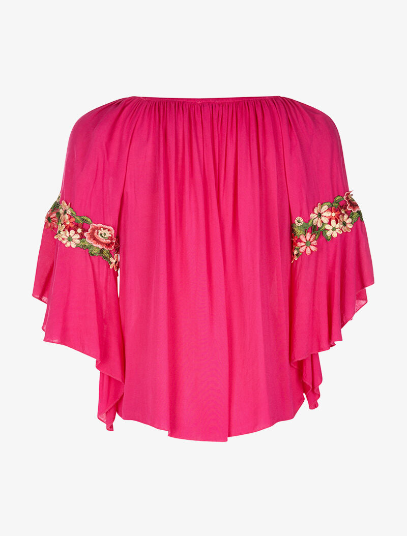 Blouse manches à fleurs brodées - fushia - 2