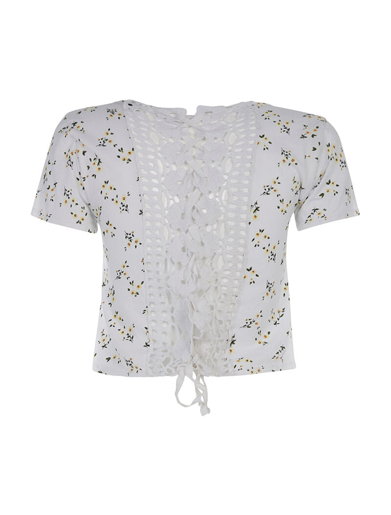 Crop-top fleuri dos dentelle - blanc - 2