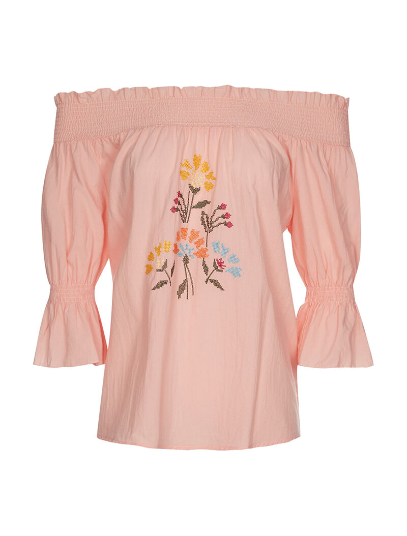 Blouse fleurs en point de croix - rose - 1