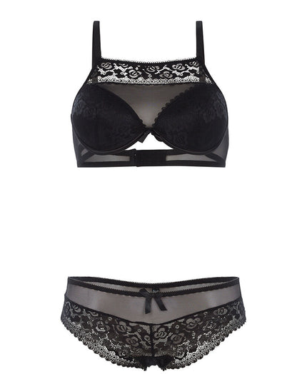 Ensemble SG effet brassière et culotte bord dentellé - noir - 1