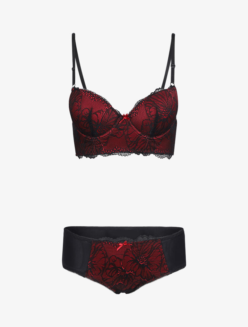 Ensemble bustier en dentelle et résille - Noir/rouge - 1