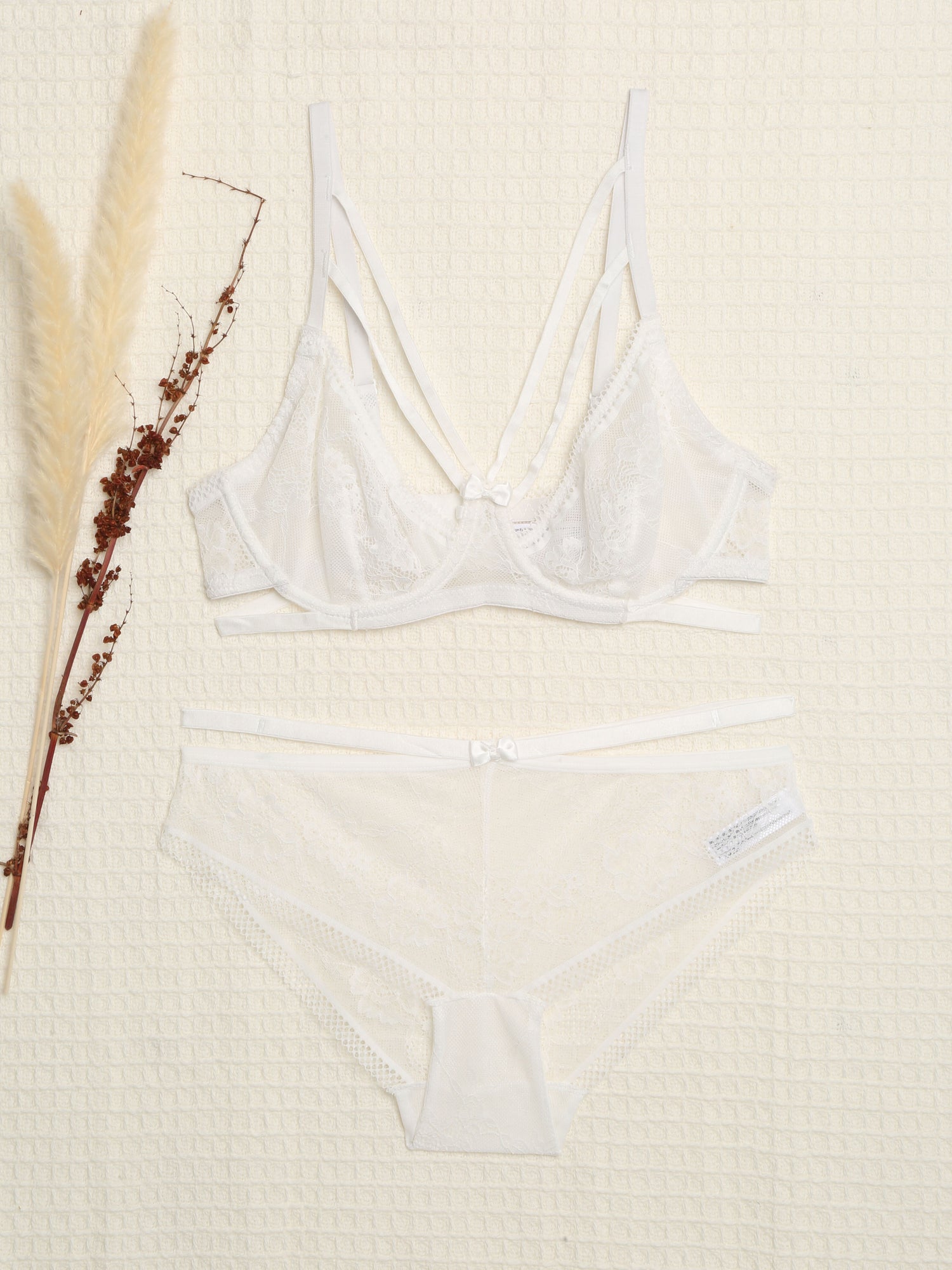 Ensemble en dentelle à lanières croisées - Blanc - 1
