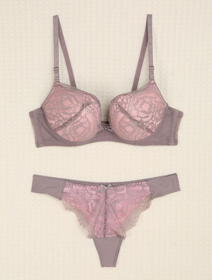 Ensemble en dentelle et tulle à liens - Gris/rose - 1