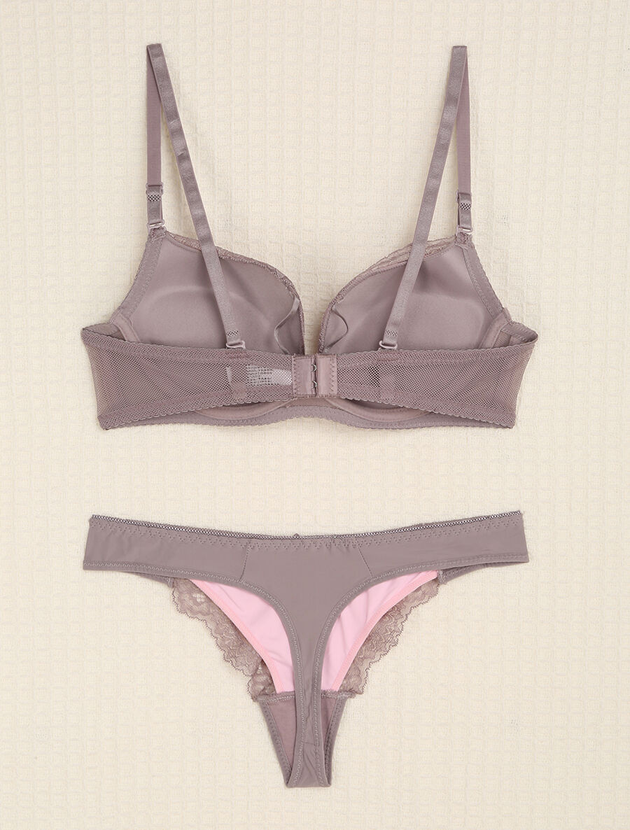 Ensemble en dentelle et tulle à liens - Gris/rose - 2