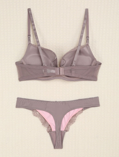 Ensemble en dentelle et tulle à liens - Gris/rose - 2