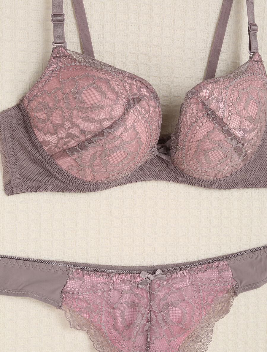 Ensemble en dentelle et tulle à liens - Gris/rose - 3