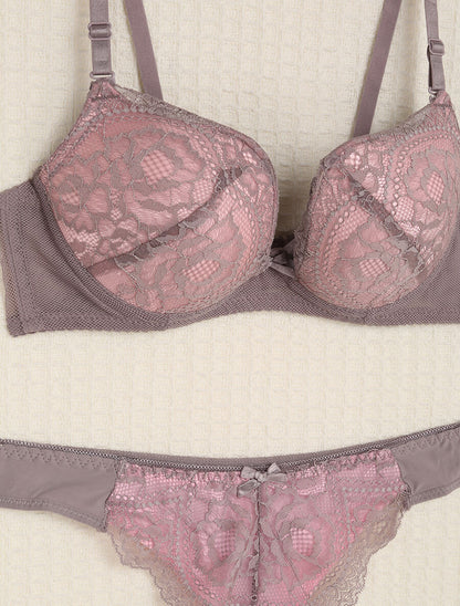 Ensemble en dentelle et tulle à liens - Gris/rose - 3