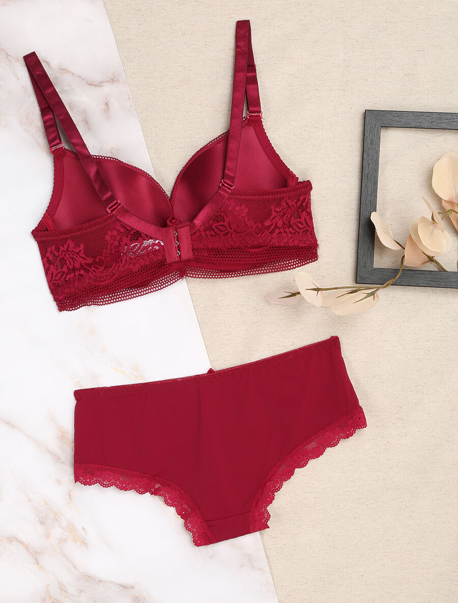 Ensemble grande taille en dentelle fleurie - Bordeaux - 2