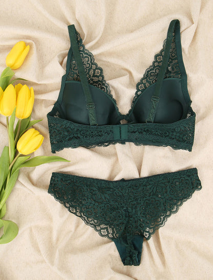 Ensemble en dentelle à motifs fleuris - Vert sapin - 2