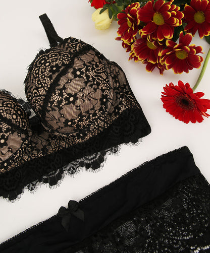 Ensemble en dentelle et en résille - Noir/beige - 3