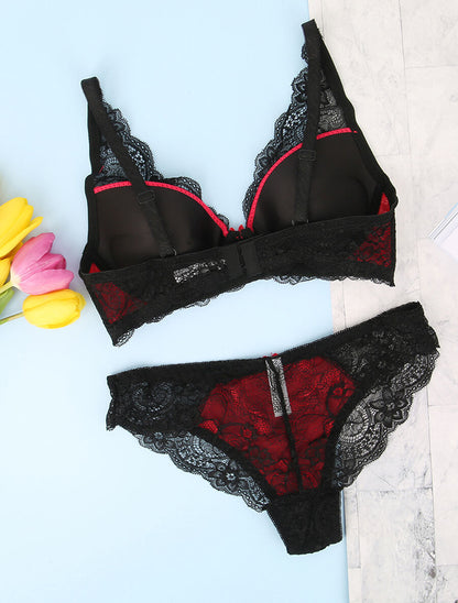 Ensemble en dentelle à détail noeud - Noir/rouge - 2