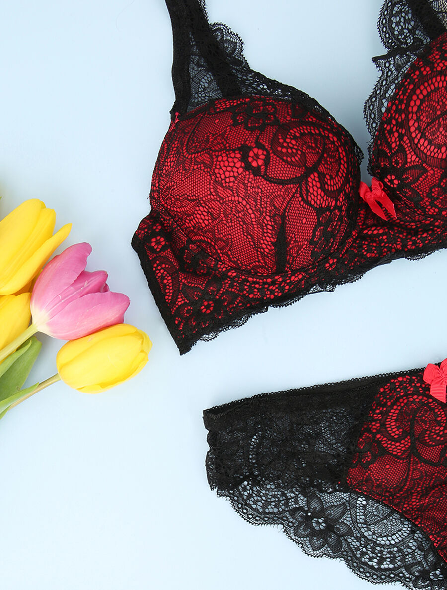 Ensemble en dentelle à détail noeud - Noir/rouge - 3