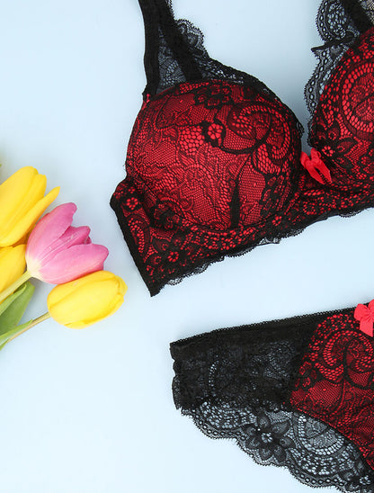 Ensemble en dentelle à détail noeud - Noir/rouge - 3
