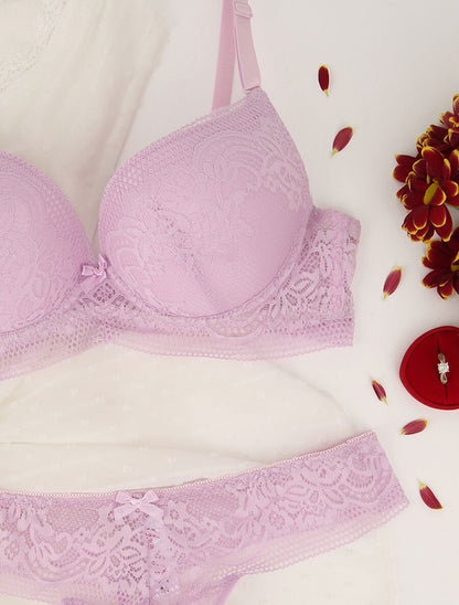 Ensemble en dentelle fleurie et détail noeud - Lilas - 3
