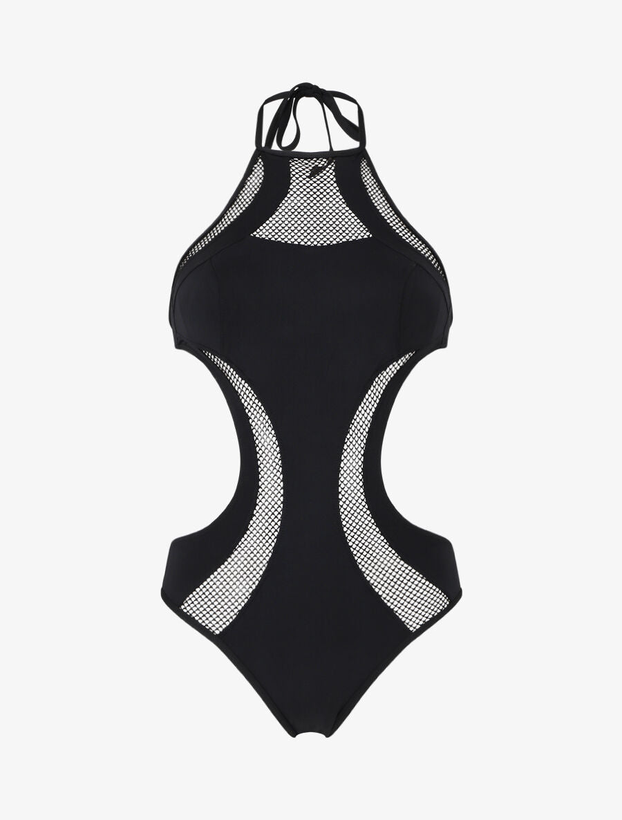 Maillot une pièce à empiècements en résille - Noir - 4