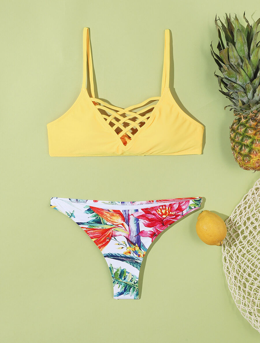 Bikini dépareillé à imprimé floral - Jaune - 1