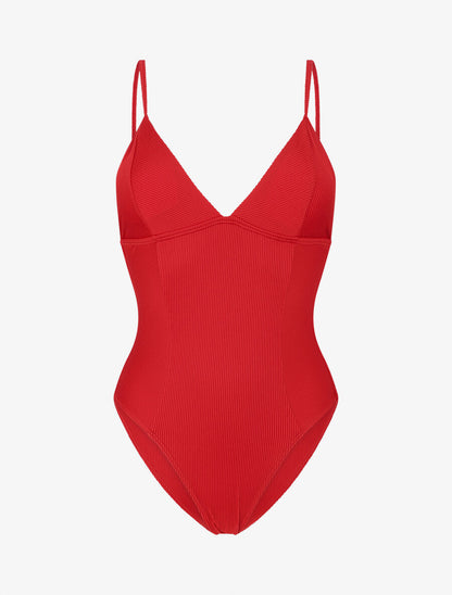 Maillot de bain côtelé à col à V - Rouge - 2