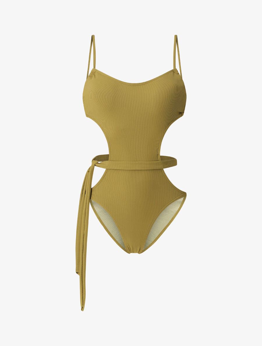 Maillot de bain échancré à lien décoratif - Kaki - 6