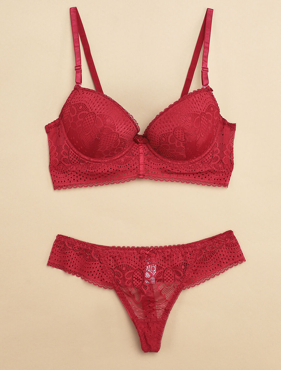 Ensemble à bord large en dentelle piquetée et tanga - Prune - 4