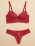 Ensemble à bord large en dentelle piquetée et tanga - Prune - 4