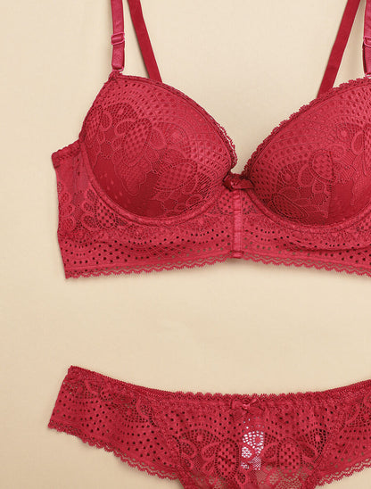 Ensemble à bord large en dentelle piquetée et tanga - Prune - 3