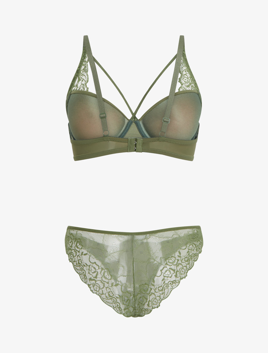 Ensemble soutien-gorge et culotte dentelle fine lanières - Kaki - 2